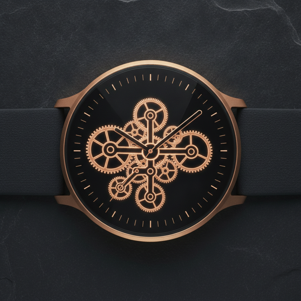 A clockwork face drawn as screen artwork: rose gold gears glowing on true black with fine tick marks around the rim — dense detail that looks superb at macro magnification and is the first thing to collapse at 1.4 inches on a moving wrist