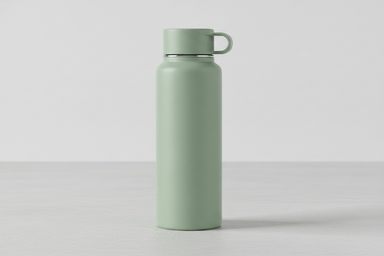 AI water bottle design generator result: an unbranded double wall insulated steel bottle in a matte sage green powder coat, standing on pale concrete with a matching screw lid and a moulded carry loop. The powder coat texture is the detail worth looking at — it reads as a sprayed and cured finish rather than paint, which is what separates a real insulated bottle from a coloured cylinder. What the picture will not tell you is whether this holds 18oz or 32oz