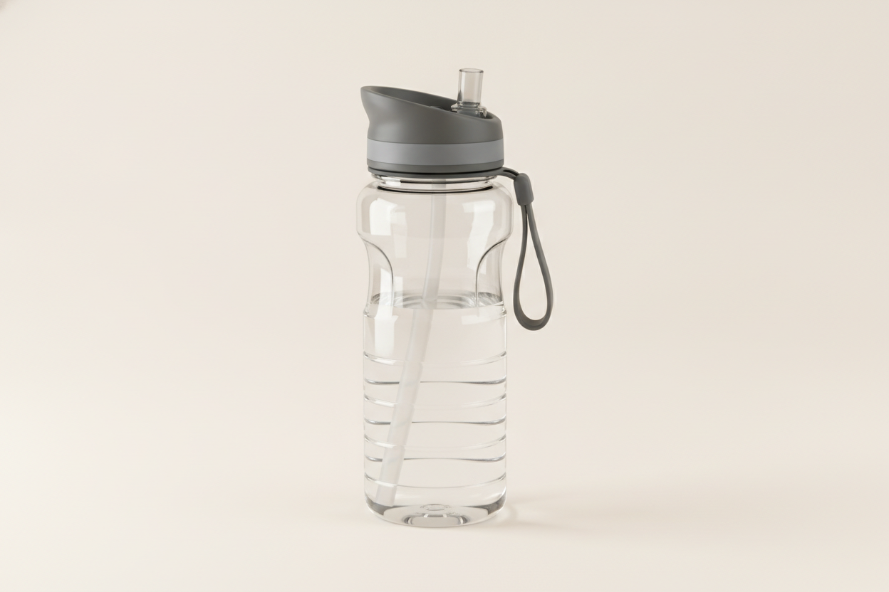 A clear Tritan sports bottle photographed straight on against warm white, with a ribbed lower body, a moulded waist grip, a charcoal flip lid with a rigid spout and a folded silicone carry strap, and the internal straw clearly visible through the wall. The preset asked for a soft bite valve and got a hard spout instead, which is a different lid programme with a different mould, and a useful reminder that the lid is a component you specify rather than a shape you draw