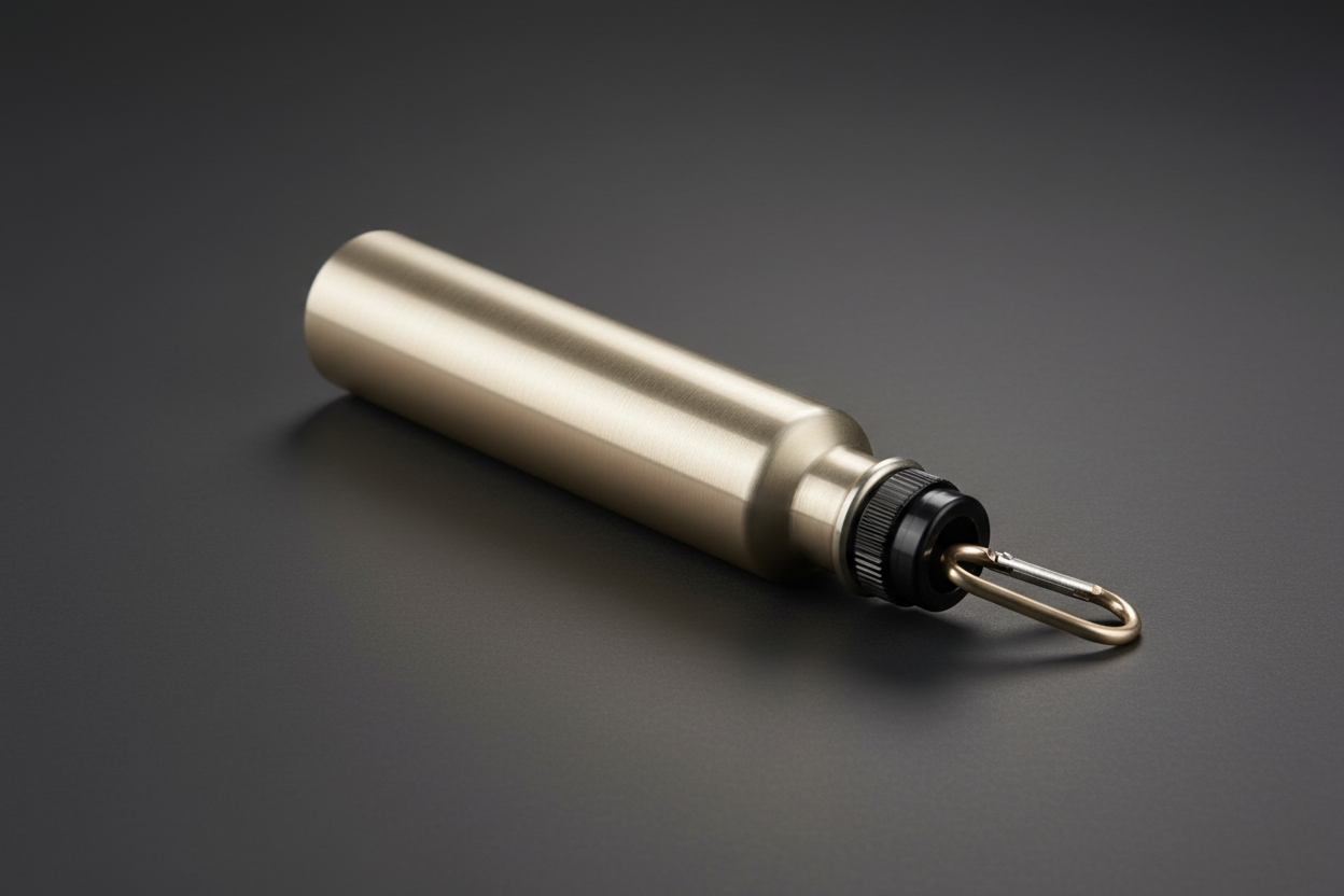 A slim single wall aluminium bottle in a warm champagne anodised finish, lying on its side on dark charcoal with a knurled black sport cap and a small carabiner. The vertical brushed grain running the length of the body is what makes this read as spun aluminium rather than plastic. Note the wall thickness at the mouth — thin, because a single wall bottle is not insulated and never will be