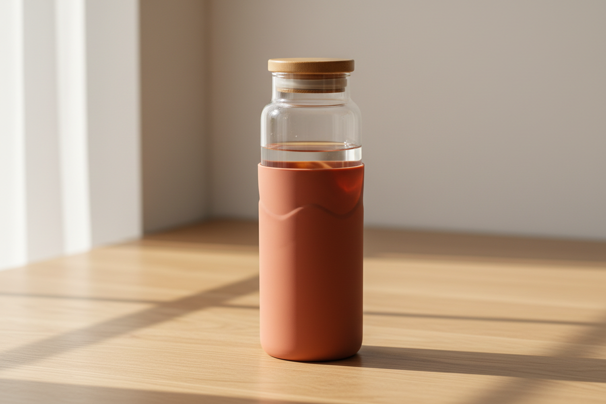 A borosilicate glass bottle in a terracotta silicone sleeve with a bamboo screw lid, shot on pale oak in window light. This is the least accurate of the six: the sleeve rides so high that the glass above it reads as a jar rather than a bottle, and the model filled it with something tea coloured despite being asked for clear water. The materials and the mood are right, the proportions are not, and proportion is the thing a second pass should fix