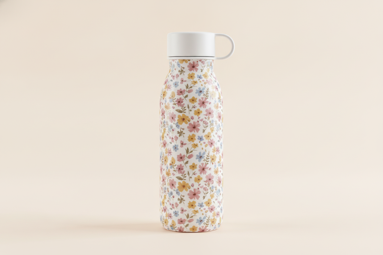 An insulated steel bottle carrying an all-over hand painted wildflower print in dusty pink, ochre and soft blue on an off white ground, photographed against cream paper. The most commercially useful frame of the six: the pattern wraps continuously and curves away at both edges the way a real full-wrap print does, with no visible seam and no distortion at the shoulder where the body tapers in