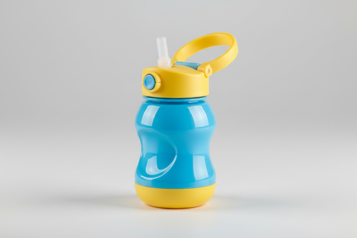 A childrens bottle in glossy sky blue with a yellow flip lid, a folded carry handle, a soft silicone straw and a yellow base cup. The waisted grip came out chunkier than described, which suits the category, and the flip button, hinge and lid lock are all resolved well enough to hand to a moulder as a starting point for the closure