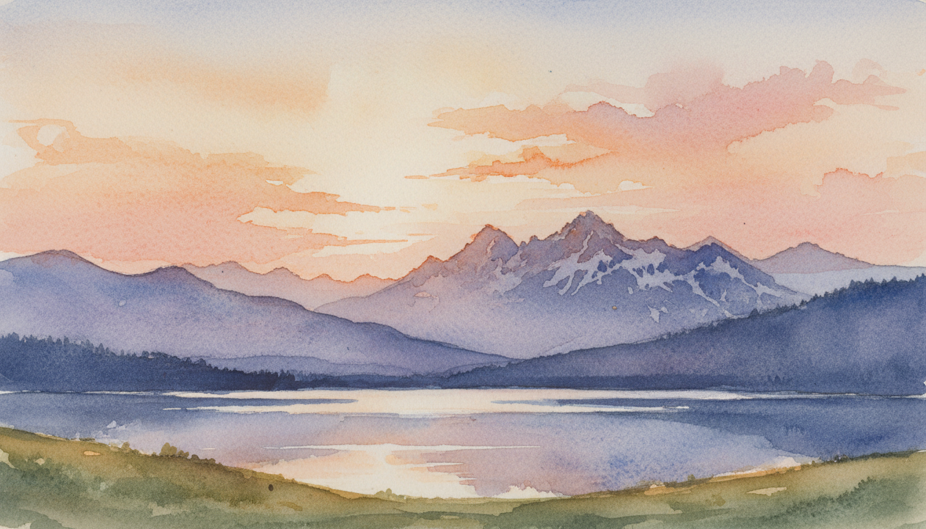 AI watercolor painting generator hero — soft watercolor landscape of tranquil mountains at sunrise with warm orange and pink sky washes, blue-purple peaks, paper grain texture, wet-on-wet bleeds, traditional fine art watercolor aesthetic