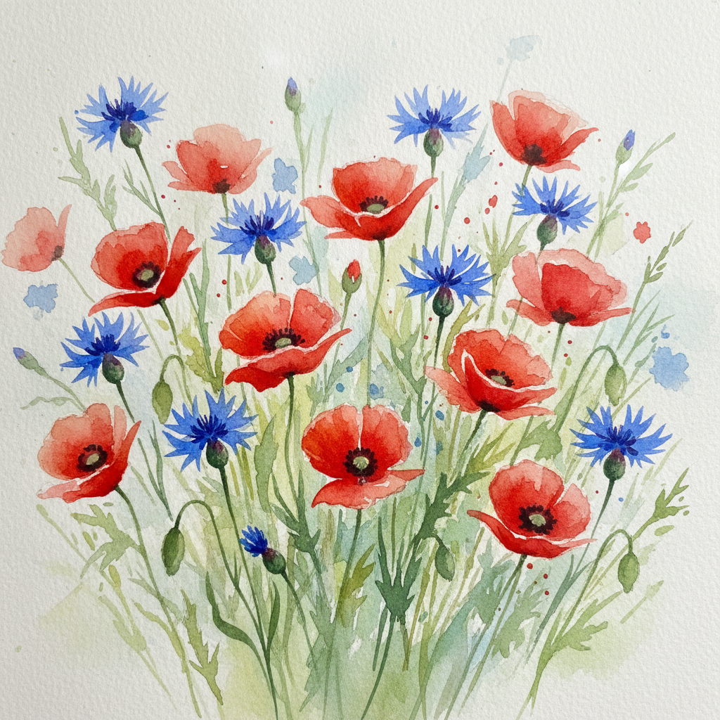 AI watercolor painting of a vibrant garden with red poppies and blue cornflowers, loose impressionist brushstrokes, wet-on-wet floral blooms, soft pastel washes, paper grain texture, traditional botanical illustration watercolor style