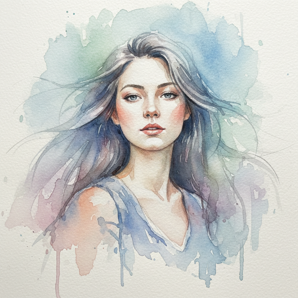 Watercolor portrait painting of a young woman with flowing hair, soft pastel skin tones with delicate peach and rose washes, watercolor bleeding into background, loose expressive brushstrokes, fine art watercolor portrait on cold-press paper