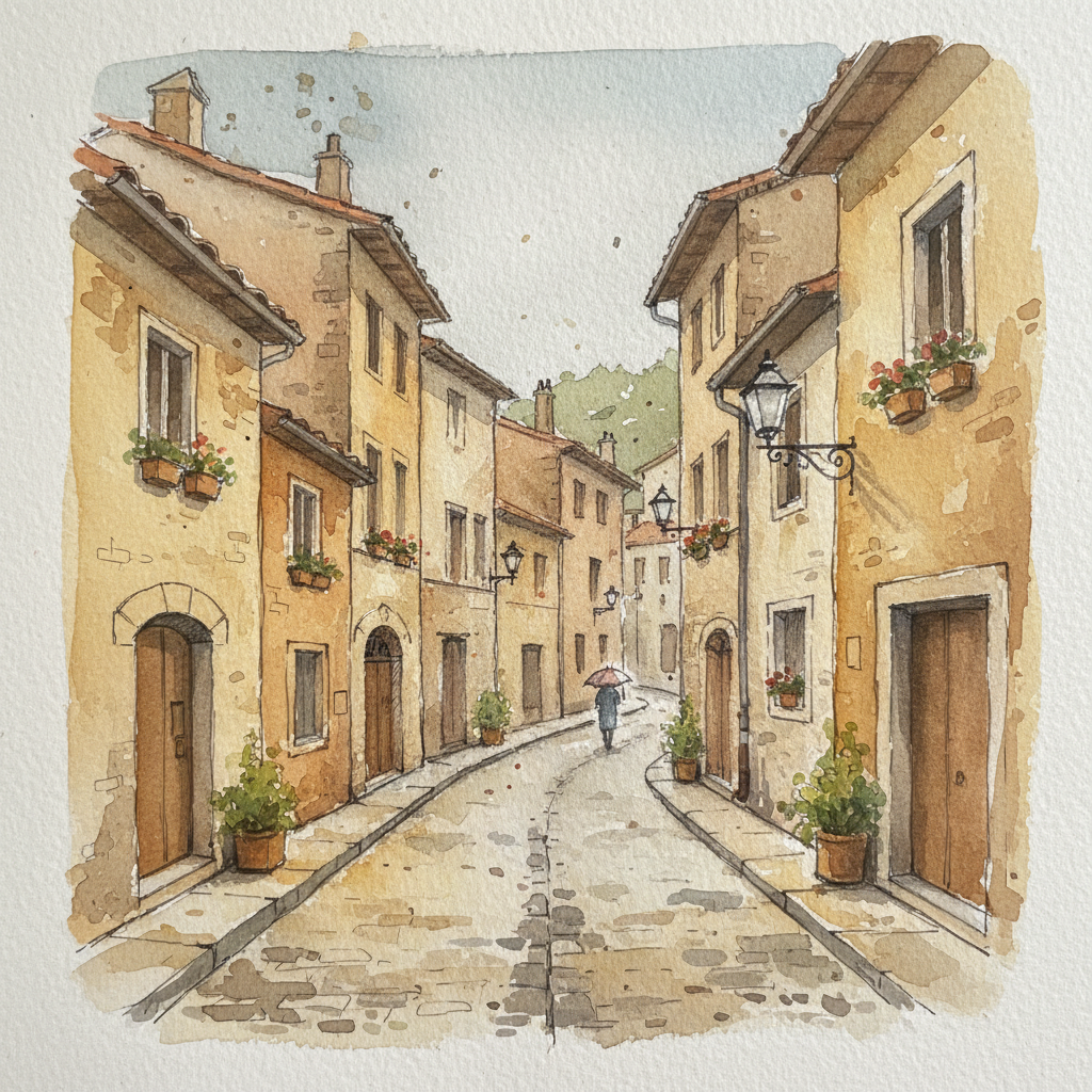 AI watercolor painting of a cozy european street scene with cobblestone road, charming buildings, soft ochre and umber watercolor washes, loose architectural sketching, plein air urban sketch watercolor aesthetic