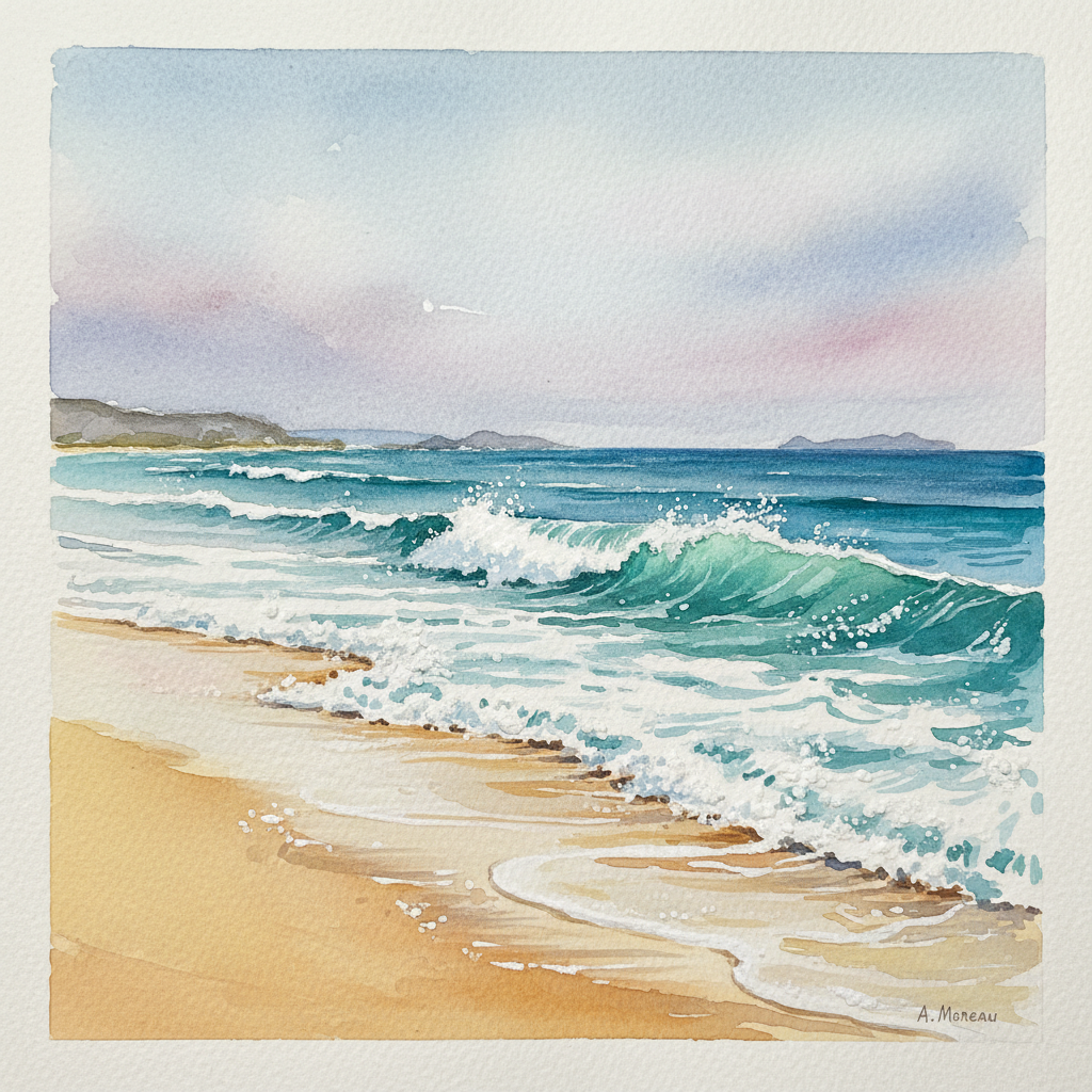 Watercolor painting of a serene seascape with crashing turquoise waves, sandy beach, soft wet-on-wet sky in pale blue and pink, loose brushstrokes, salt texture, traditional marine watercolor on fine art paper