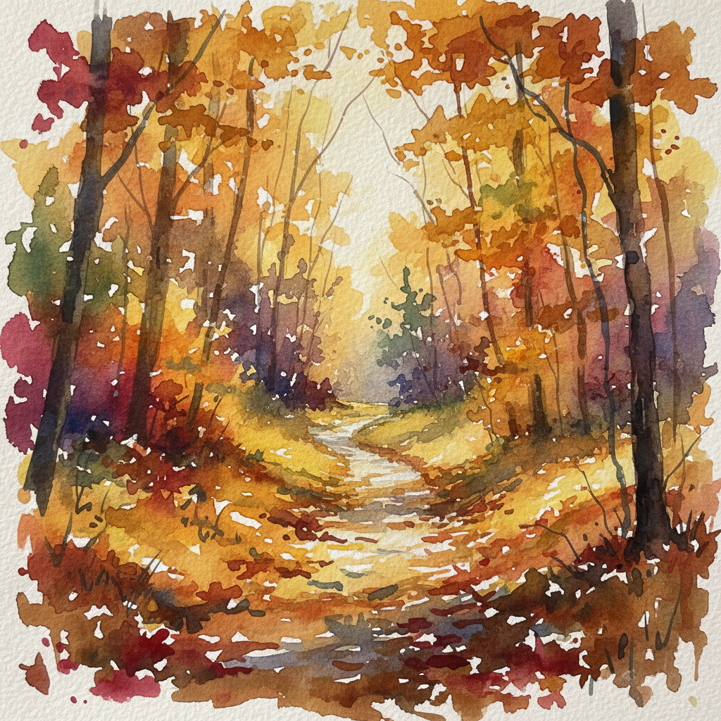 AI watercolor painting of an autumn forest path with golden and crimson leaves, soft dappled light, loose watercolor washes blending warm browns and oranges, wet-on-wet color bleeds, traditional landscape watercolor on cold-press paper