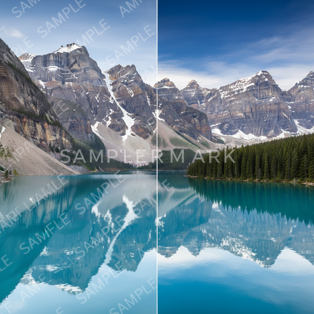 AI watermark remover before and after on a mountain lake photo: tiled diagonal text watermark on the left, clean restored water, pines and sky on the right