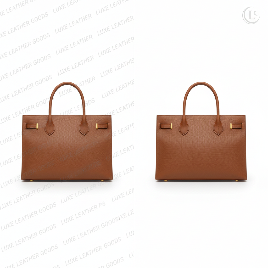 Leather handbag product listing photo with a corner logo watermark and repeating text stamp erased, leaving a clean white e-commerce background