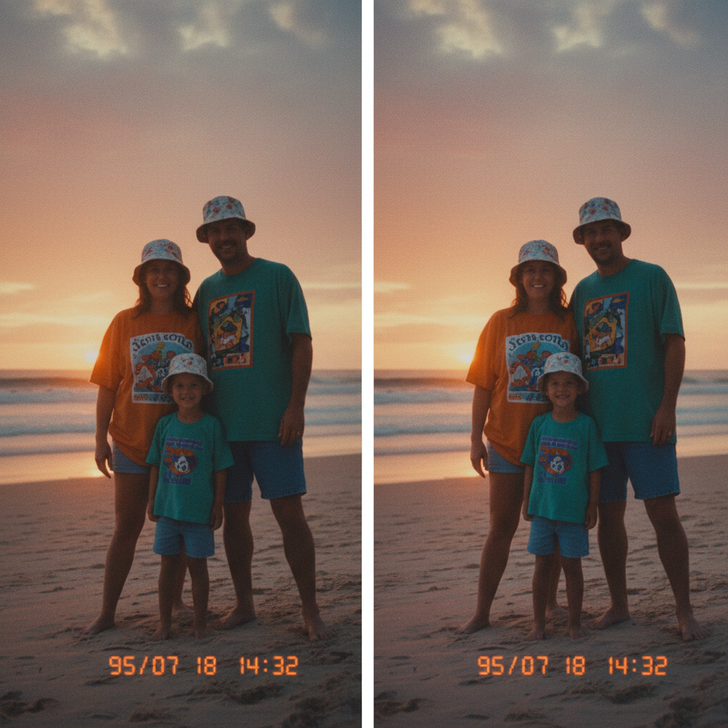 Old beach vacation photo with a burned-in orange camcorder date stamp removed and the sand and sunset sky seamlessly rebuilt underneath
