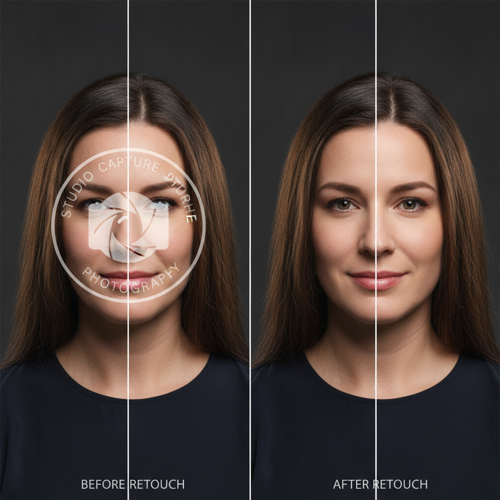 Studio portrait with a large translucent circular logo overlay removed by an AI watermark remover, natural skin texture and rim lighting kept intact