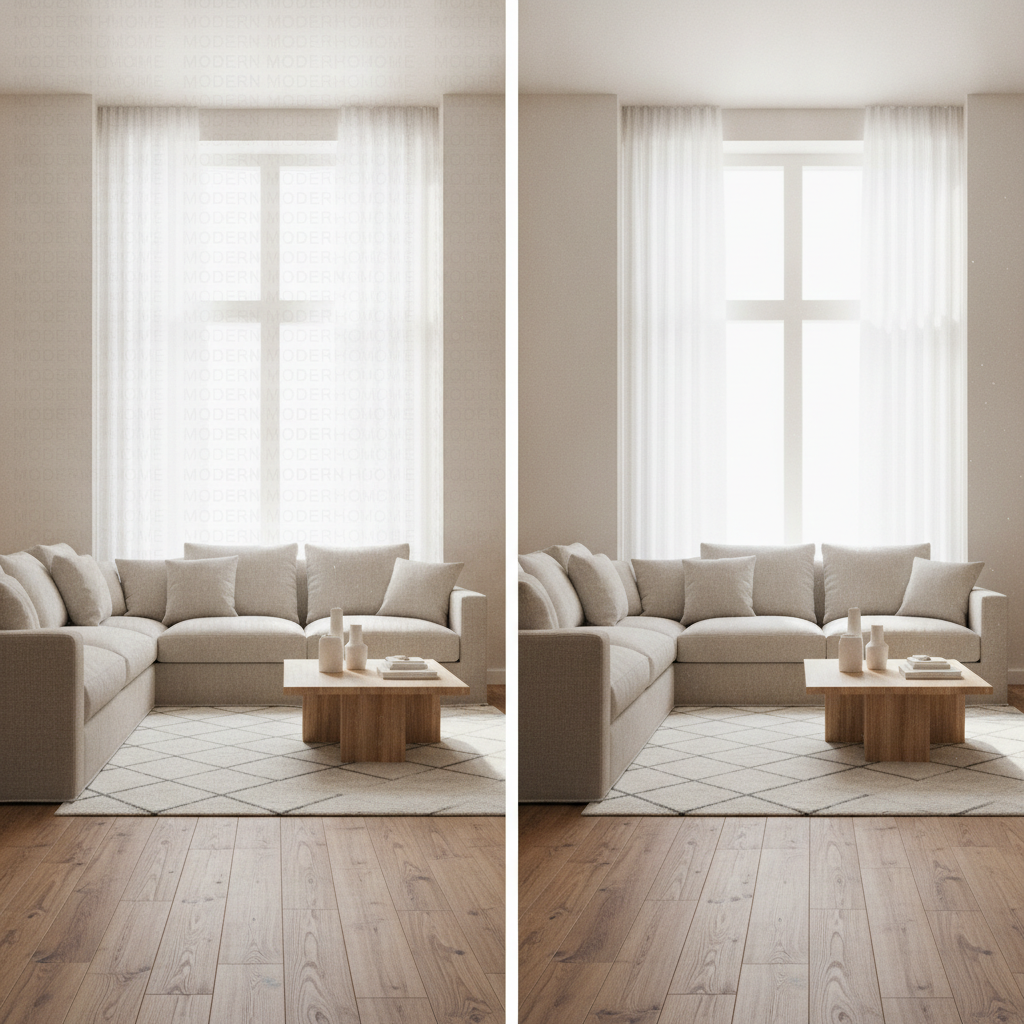 Living room interior photo with a repeating translucent text overlay cleared, restoring sharp hardwood floor grain, sofa fabric and window light