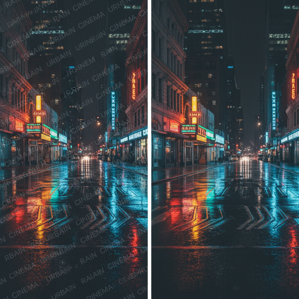 Rainy neon city street at night with a diagonal grid of translucent text watermarks erased, leaving crisp neon reflections on wet asphalt