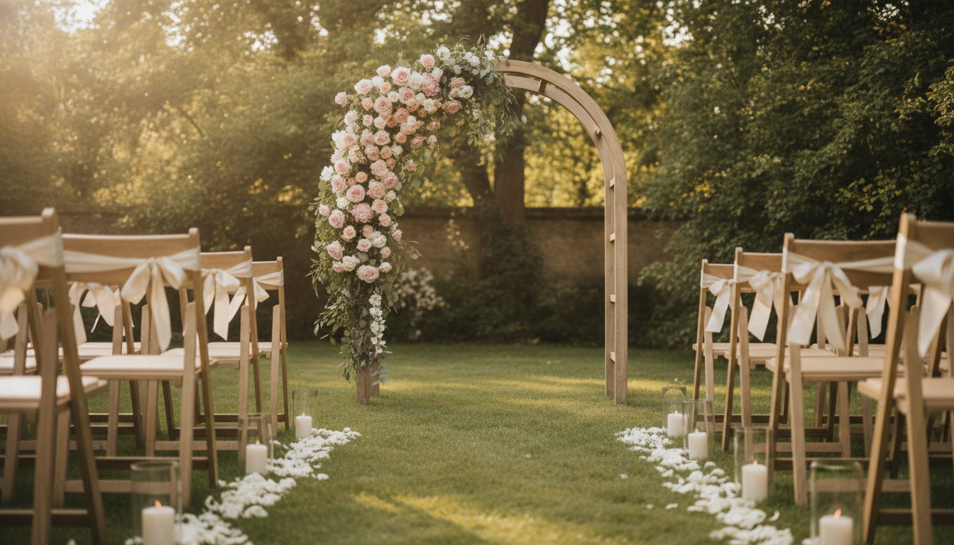 AI wedding decoration generator result: a rounded wooden ceremony arch in a walled garden covered with blush garden roses, cream peonies and trailing eucalyptus, with ribbon-tied wooden chairs, scattered petals and glass hurricane lanterns down the grass aisle