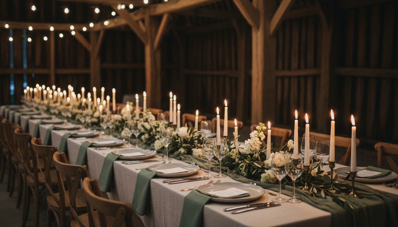 Long wedding reception table designed with AI: a barn banquet table with a sage green linen runner, dozens of ivory taper candles in brass holders, low white rose and olive foliage arrangements, stoneware chargers and cross-back chairs under festoon lights