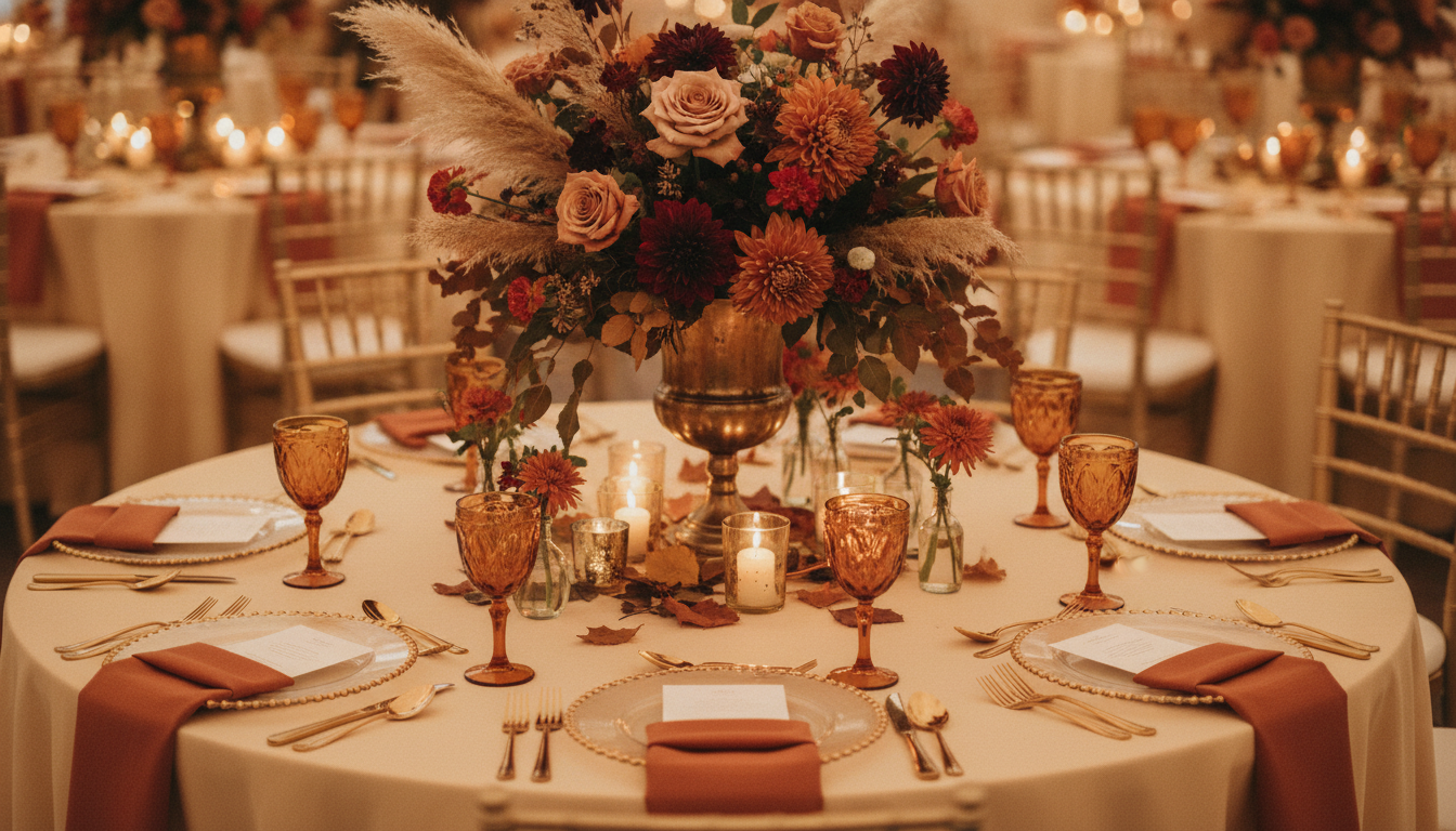 Autumn wedding centrepiece from the AI wedding decoration generator: a tall footed brass urn of burgundy dahlias, dusty rose roses, rust chrysanthemums and pampas above amber votives, gold-rimmed chargers, terracotta napkins and gold chiavari chairs