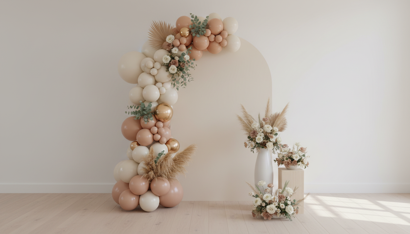 Wedding photo backdrop generated by AI: an arched off-white panel framed by an organic balloon garland in ivory, sand, blush and matte gold threaded with eucalyptus and white roses, with pampas grass and dried floral vases beside it