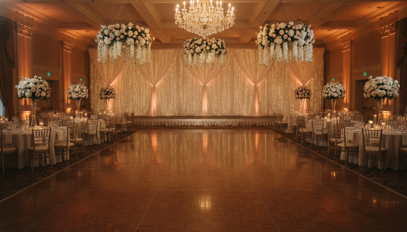 Wedding reception hall designed with the AI wedding decoration generator: a ballroom with pleated ivory drapes and fairy lights behind the top table, three hanging hydrangea and wisteria installations over a parquet dance floor, round tables with tall trumpet vases and warm amber uplighting