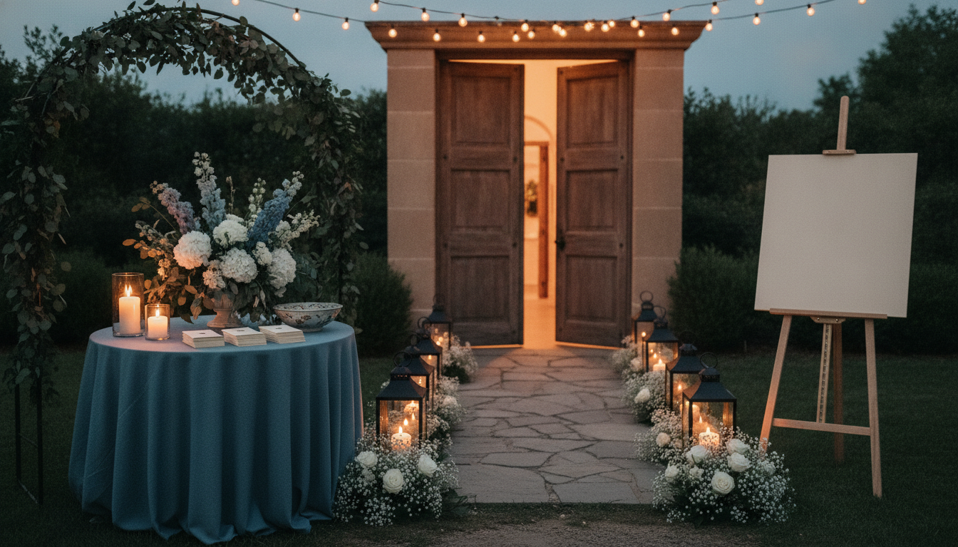 Wedding welcome area created with AI: a round welcome table in dusty blue linen with white hydrangea and delphinium under a greenery arch, a blank cream easel board, and a stone path to open doors lined with black lanterns and white flowers at dusk