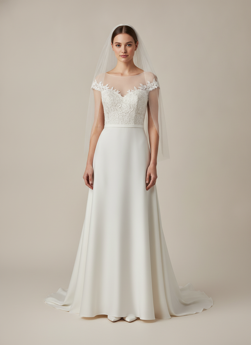 AI wedding dress generator result: a classic ivory A-line gown photographed straight on against a warm neutral backdrop. This is the frame to judge lace on, because corded floral appliqué covers the sweetheart bodice and reads as individual leaves and petals rather than the grey mush that usually stands in for lace. The illusion tulle yoke is the harder trick and it holds: you can see the skin through it, the sprigged appliqué sits along the neckline and shoulder, and the tulle edge disappears the way real illusion netting does instead of stopping at a hard line. A fingertip veil falls either side. The honest deviation is the skirt fabric — the brief asked for silk mikado, which is stiff and holds a sculptural flare, and what came back reads as a softer crepe that falls closer to the body. Right silhouette, different hand.