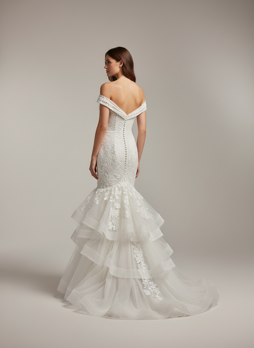 AI wedding dress generator result: a fitted ivory mermaid gown shot from behind, which is the view brides almost never get to see on a website and the one that decides the aisle. The back is the whole point of this frame. A deep V drops between the shoulder blades, an off-the-shoulder band of lace crosses the upper arms, and a long row of covered buttons runs down the spine from the V to below the hip — evenly spaced, correctly diminishing with the perspective, each one a real fabric-covered dome rather than a painted dot. The gown breaks at the knee into tiered horsehair-hemmed ruffles of tulle and appliquéd lace that spill into a train. The lace pattern is mirrored across the centre back seam the way a real cutter would place it. Nothing here is anatomically off.