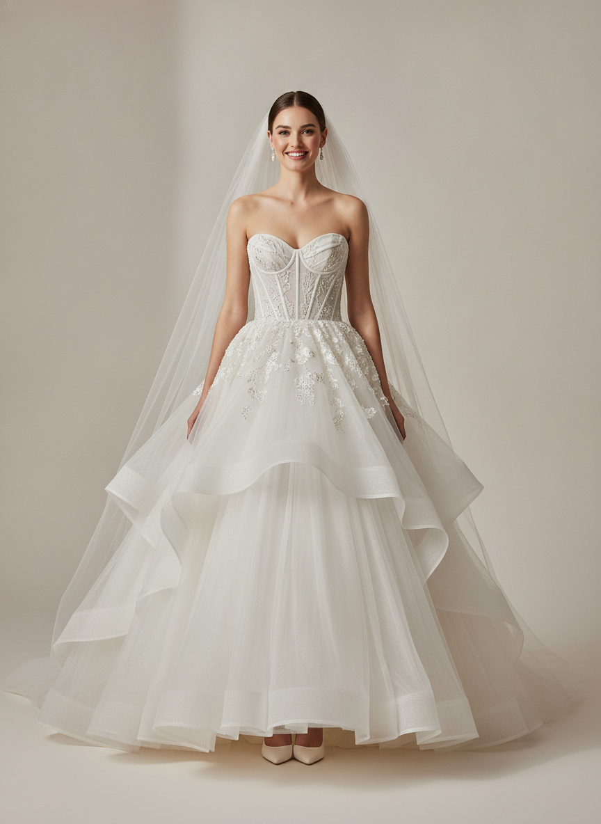 AI wedding dress generator result: a full princess ball gown with a sheer corseted bodice and an enormous tiered tulle skirt, with a cathedral veil falling to the floor on both sides. This is the maximum-volume end of the tool and the frame that tests structure rather than surface. The bodice is the strong part: the boning channels run vertically in the correct places, the sweetheart cups are shaped and seamed like real corsetry, and the sheer panel over the ribs shows the construction rather than hiding it. The skirt has genuine internal volume, with the outer horsehair-edged tiers catching light and the layers beneath going soft and translucent. Two honest misses: the brief asked for hand-sewn crystal and pearl beading and what arrived is three-dimensional floral appliqué scattered over the hip, and the cathedral veil loses its outer edge against a backdrop of almost the same tone.