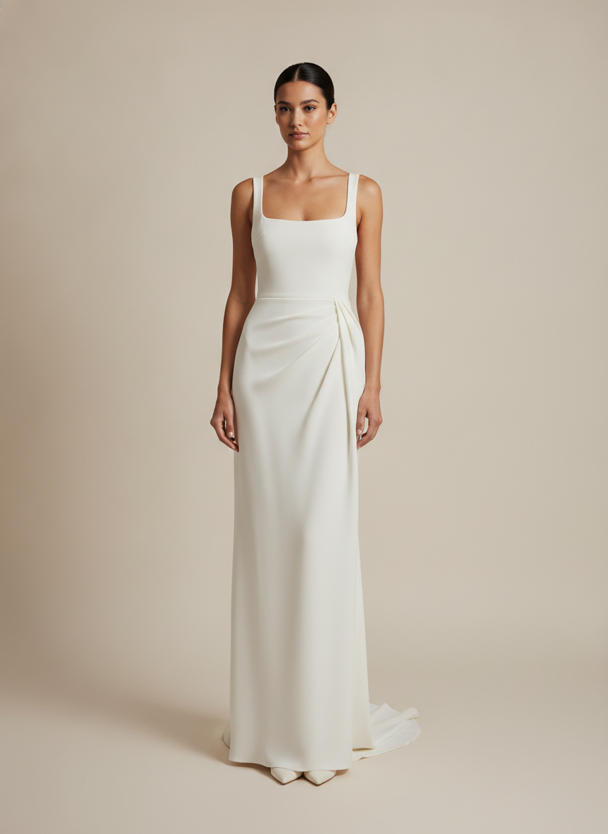 AI wedding dress generator result: a modern minimalist column in heavy matte ivory crepe, and the most technically difficult image on this page despite looking like the simplest. There is no lace, no beading and no embellishment to hide behind, so every flaw would be a flaw in the cut — and there is none. The square neckline is level, the wide straps are the same width and meet the bodice at matching points, the waist seam sits true, and a single sculptural fold is gathered at one hip and released into a straight floor-length skirt with a small sweep train. The fabric behaves like real crepe: heavy, matte, falling in long soft columns rather than crinkling. This is the frame that shows the tool understands garment construction and not just garment decoration. It came back as a front view, so the bare back the brief asked for is not visible.