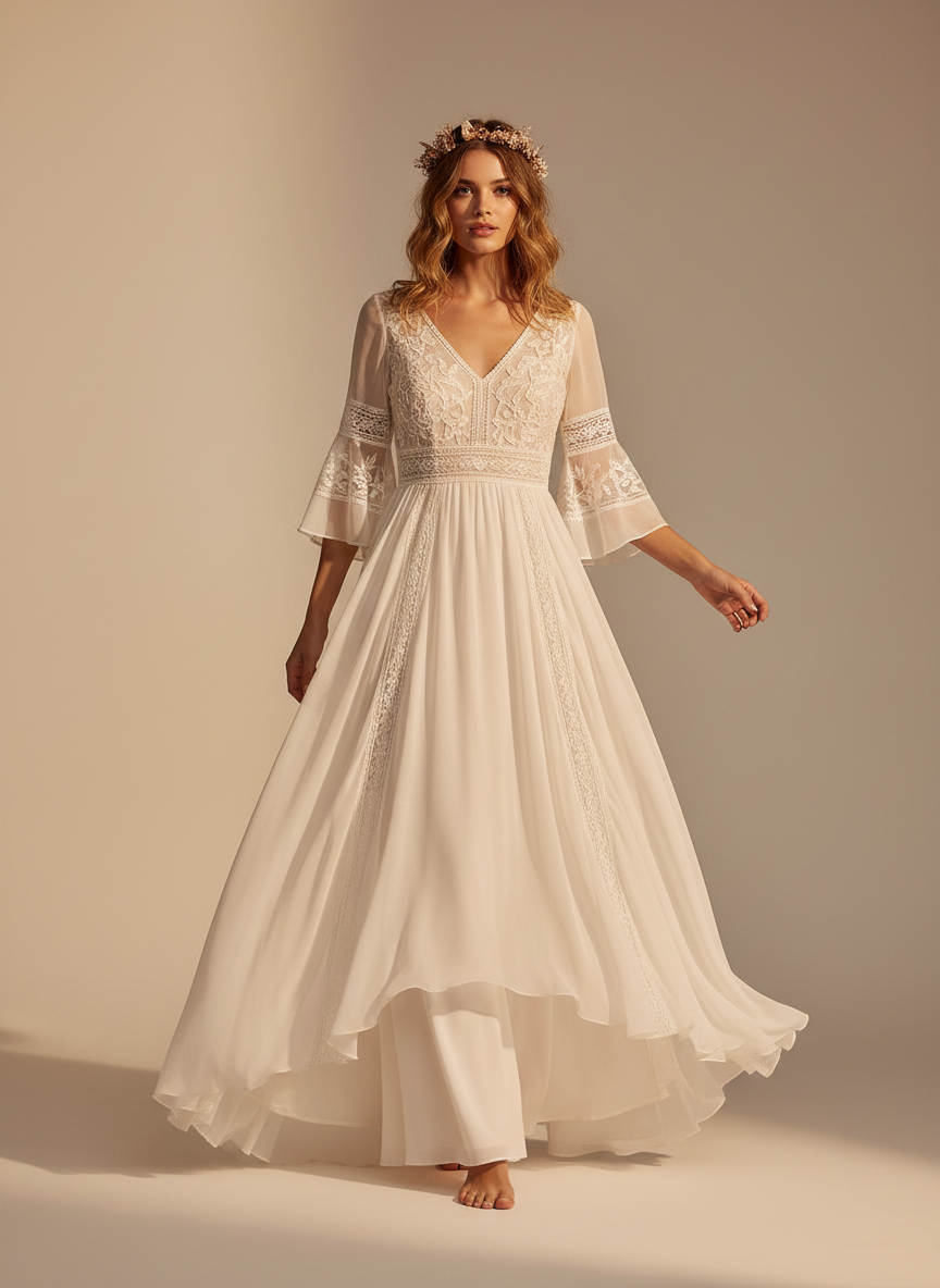 AI wedding dress generator result: a bohemian chiffon gown with an empire waist, a soft V neckline, botanical lace panels running down the skirt and a dried-flower crown, photographed in warmer, more diffuse light than the rest of the set. The movement is what makes it work — the skirt is caught mid-turn with the outer chiffon layer lifting away from the lining, the uneven high-low hem is genuinely uneven rather than symmetrically scalloped, and the model is barefoot, which is the correct styling call for a beach ceremony and not something the brief specified. Two things to note. The sleeves came back as elbow-length bells with lace insertion rather than the full loose sleeve past the wrist that was asked for. And her right hand, the one in motion, has soft indistinct fingers — the one place in these six frames where anatomy goes slightly vague.