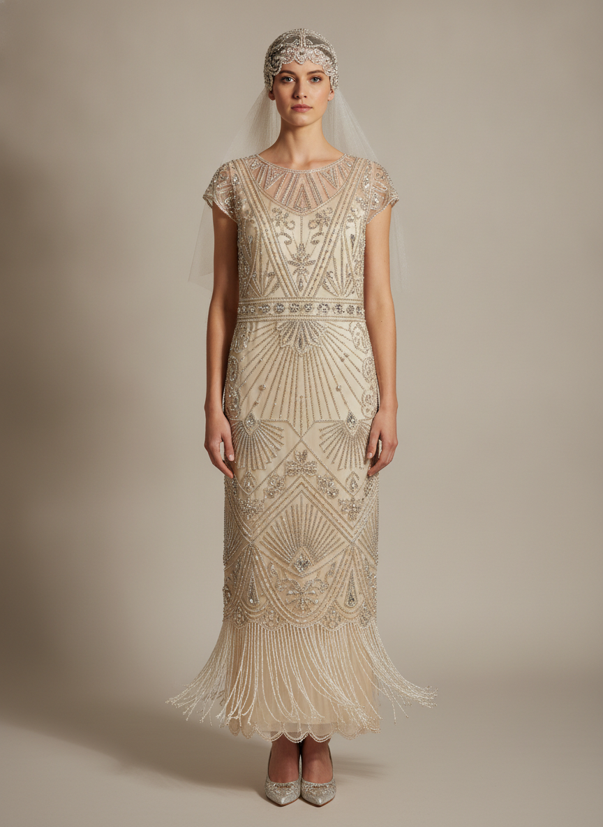 AI wedding dress generator result: a 1920s Art Deco drop-waist column in champagne-ivory georgette, beaded from shoulder to hem and finished with a long beaded fringe, worn with a crystal Juliet cap and short veil. This is the best surface work of the six by a wide margin. The beading is not a texture stretched over a dress — it is thousands of separate bugle beads, seed pearls and crystals laid into real Deco motifs: chevrons at the yoke, a beaded band at the dropped waist, sunburst fans across the hip and hem, each element symmetrical about the centre front and each bead carrying its own specular highlight. The fringe hangs in individual strands with weight. Crucially, the geometric beadwork stays abstract and never drifts into anything letter-shaped, which is the usual failure mode when a generator is asked for dense ornamental pattern.