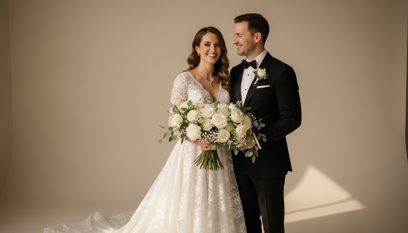 Elegant classic studio AI wedding portrait of a bride in a white lace gown and groom in a black tuxedo with warm soft lighting, made by the AI wedding photo generator