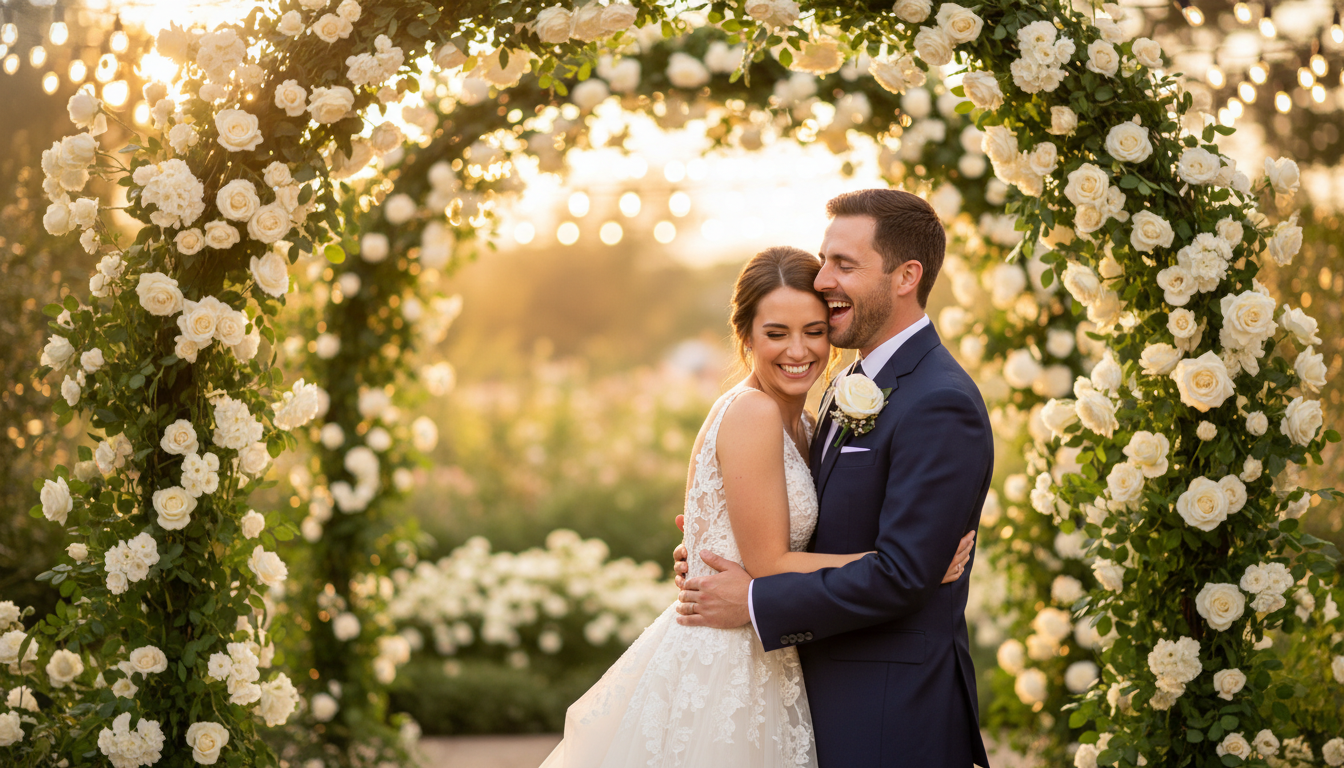 Outdoor golden-hour garden AI wedding photo of a bride and groom embracing under string lights and roses with dreamy bokeh