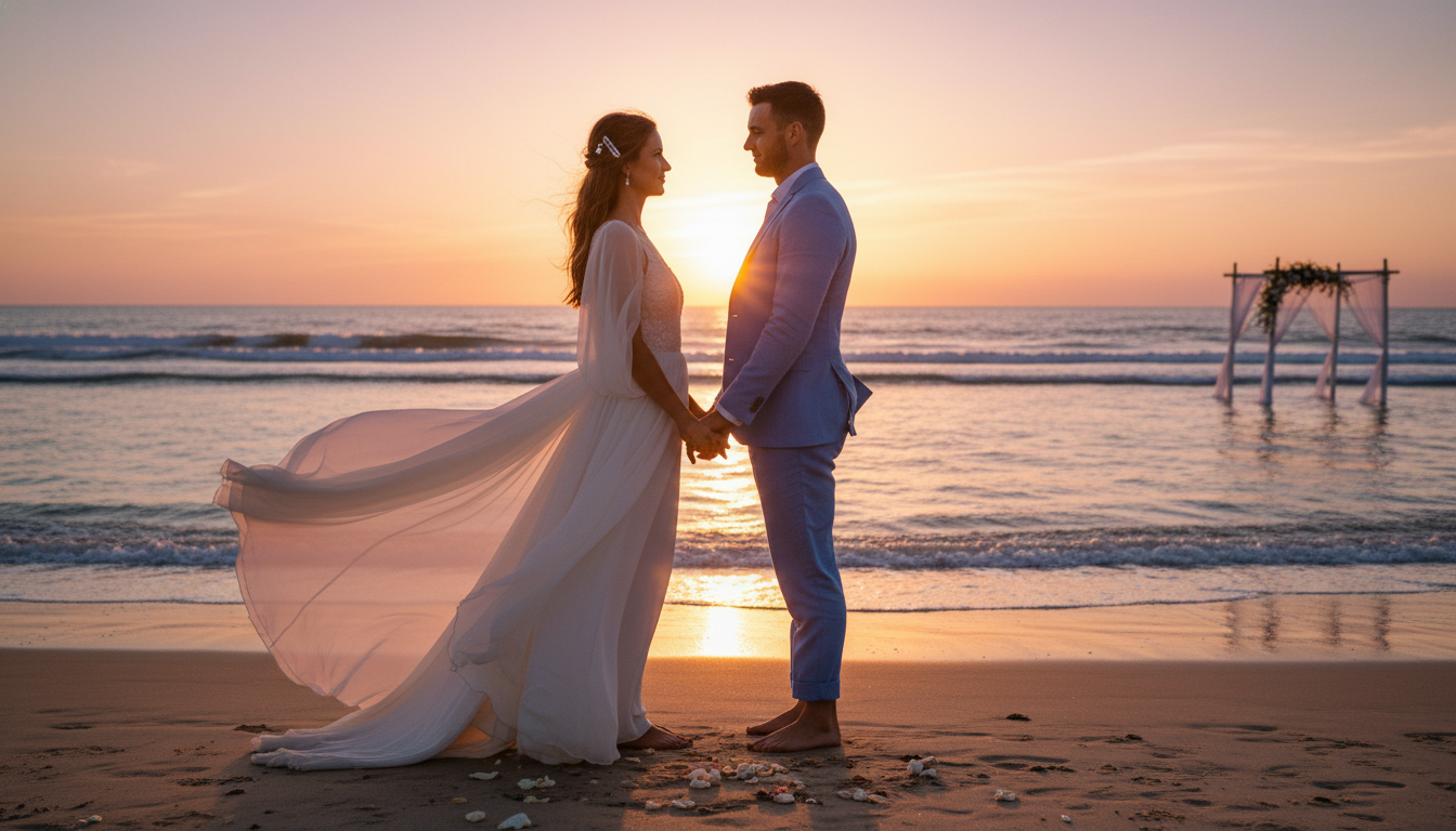 Beach sunset AI wedding portrait of a bride in a flowing chiffon gown and groom in a linen suit on the shoreline with a warm pink sky