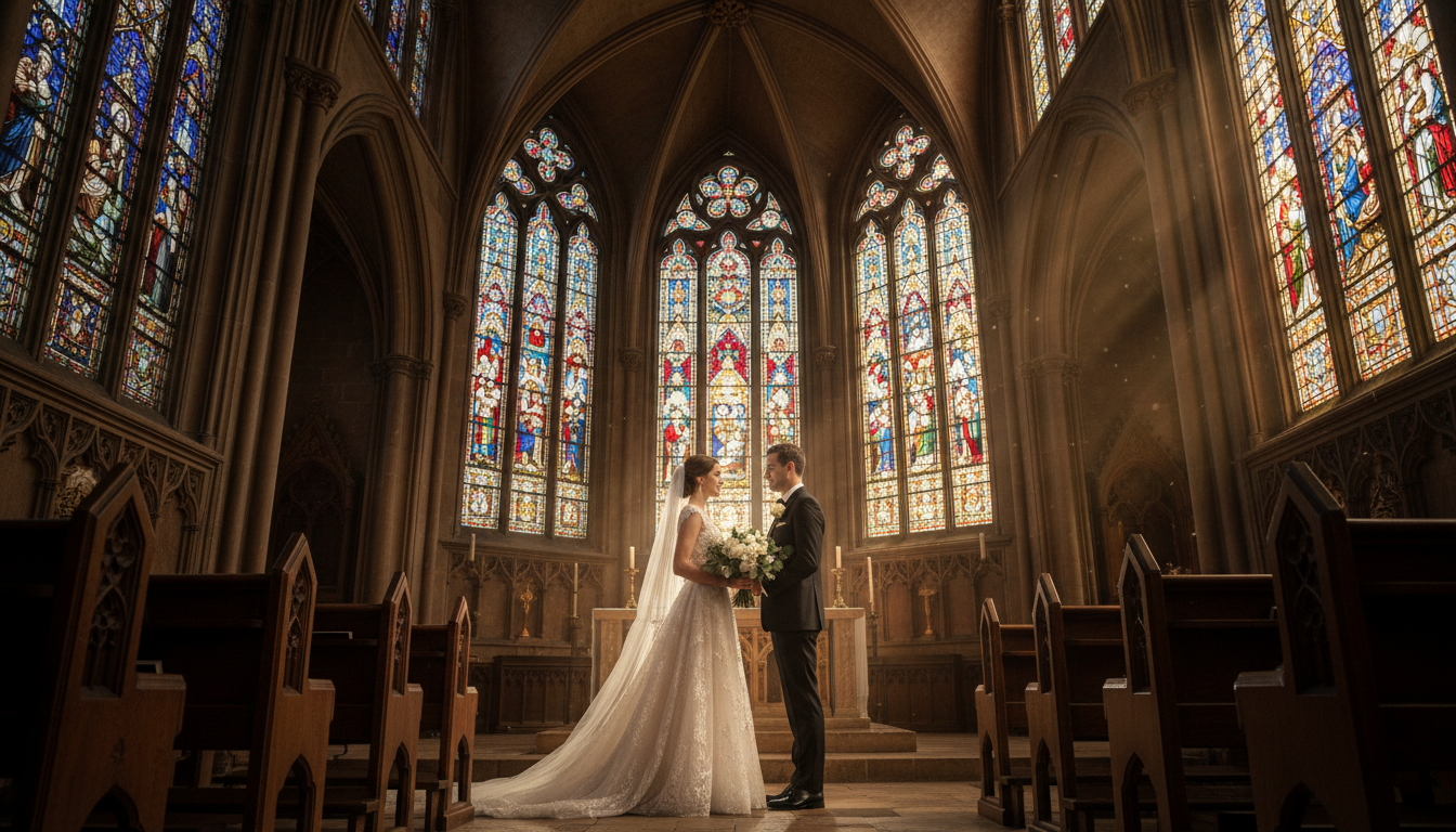 Grand cathedral AI wedding photo of a bride and groom at the altar with tall stained-glass windows and soft beams of light