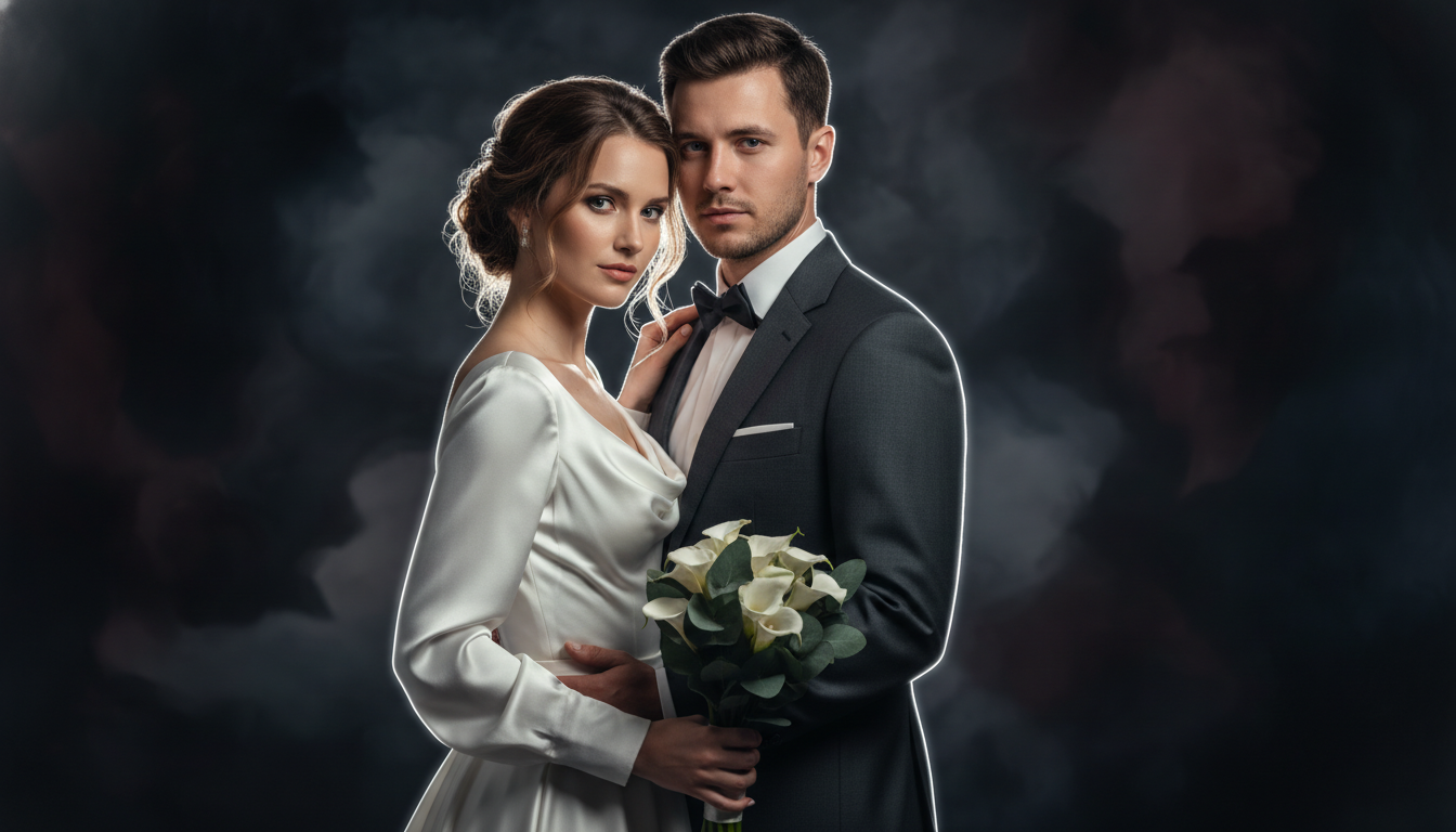 Dramatic fine-art editorial AI wedding portrait with cinematic rim lighting on a dark moody background