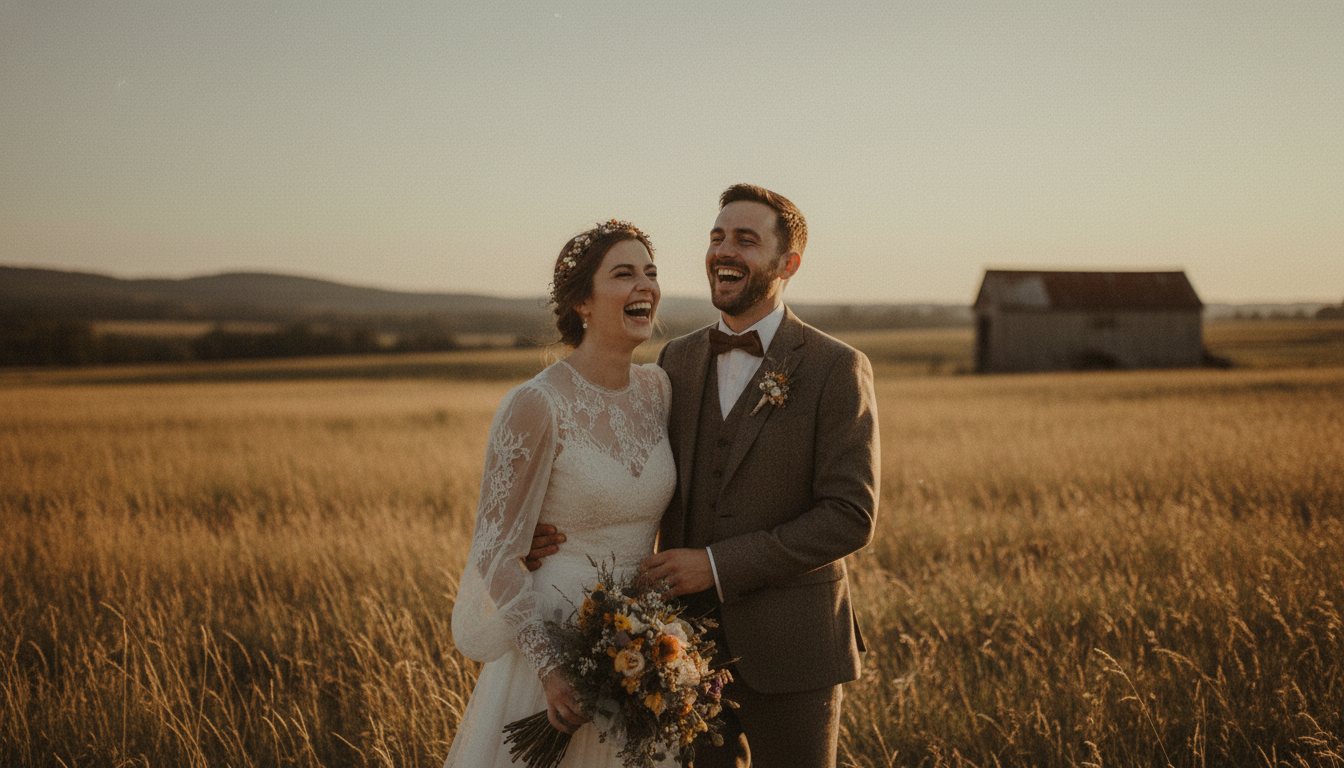 Vintage film-style romantic AI wedding photo of a bride and groom laughing in a rustic countryside field with warm faded tones
