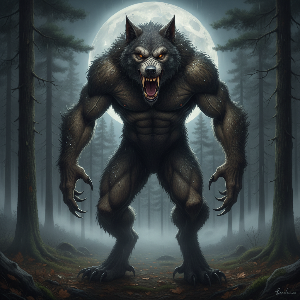 AI werewolf generator result showing a person turned into a classic half-human half-wolf werewolf with thick fur, fangs and glowing amber eyes in a moonlit pine forest, real face preserved