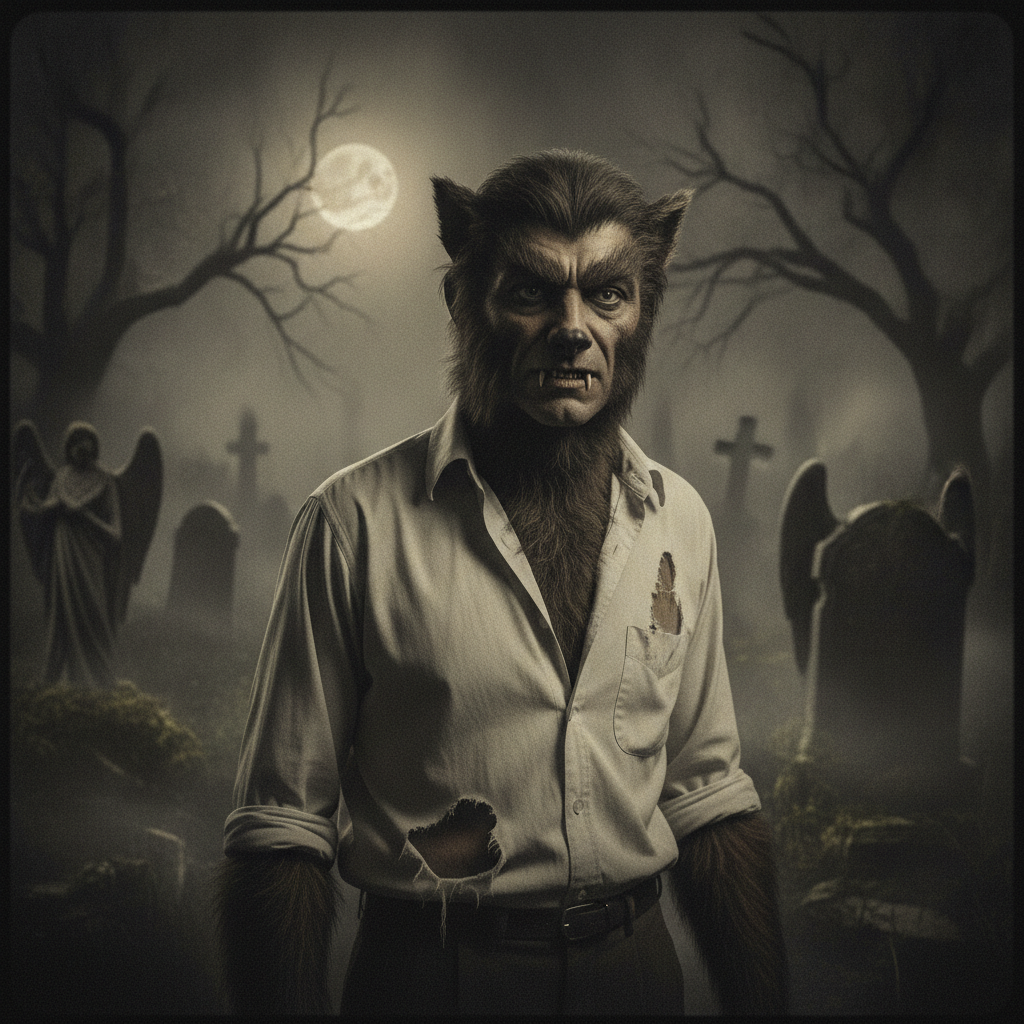 AI werewolf generator result showing a person as a classic 1940s wolfman with patches of dark facial fur, fangs and pointed ears in a foggy graveyard under a full moon, real face kept recognizable
