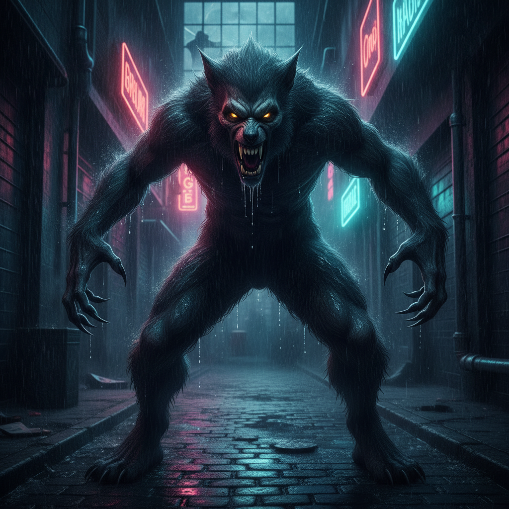 AI werewolf generator result showing a person as a feral modern werewolf mid-transformation with glowing eyes, dark wet fur and bared teeth in a rainy neon-lit alley, real facial features recognizable