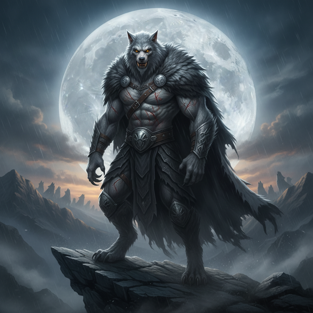 AI werewolf generator result showing a person as a regal alpha werewolf lord with silver-grey fur, glowing eyes and a warrior cloak on a cliff under a giant full moon, real face kept recognizable