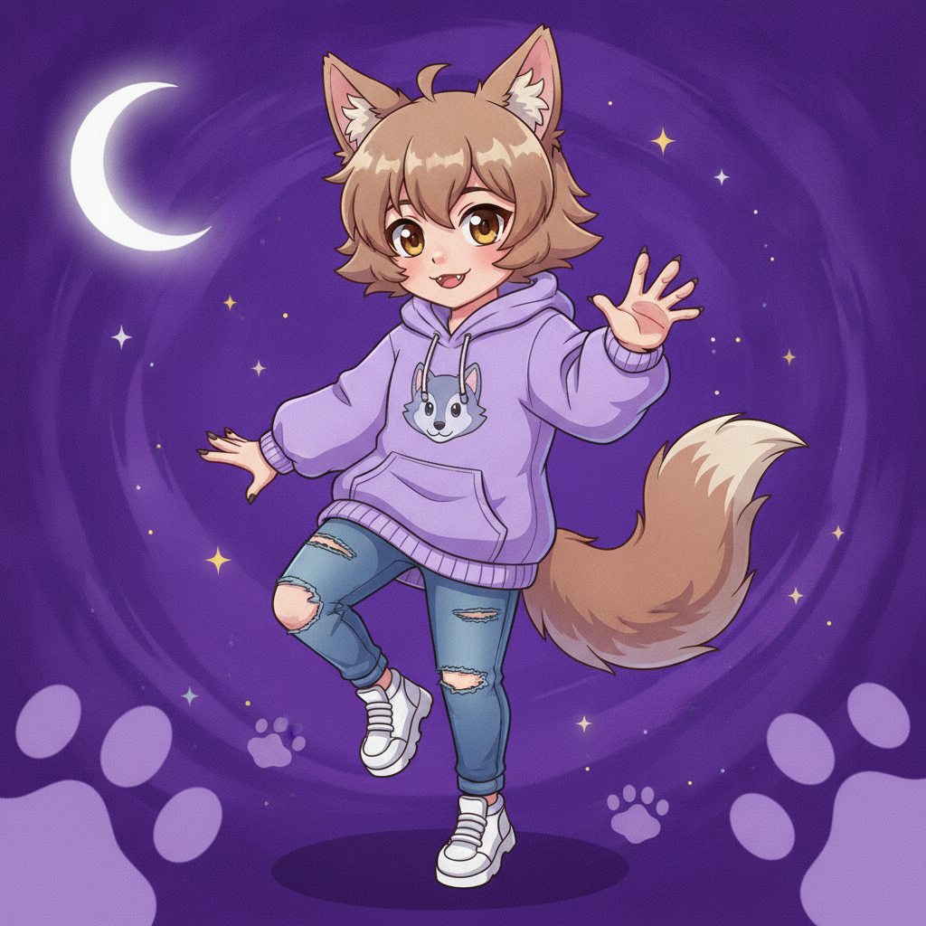 AI werewolf generator result showing a person as a cute anime-style werewolf with fluffy wolf ears, a furry tail and small fangs on a purple moonlit background, real facial features recognizable