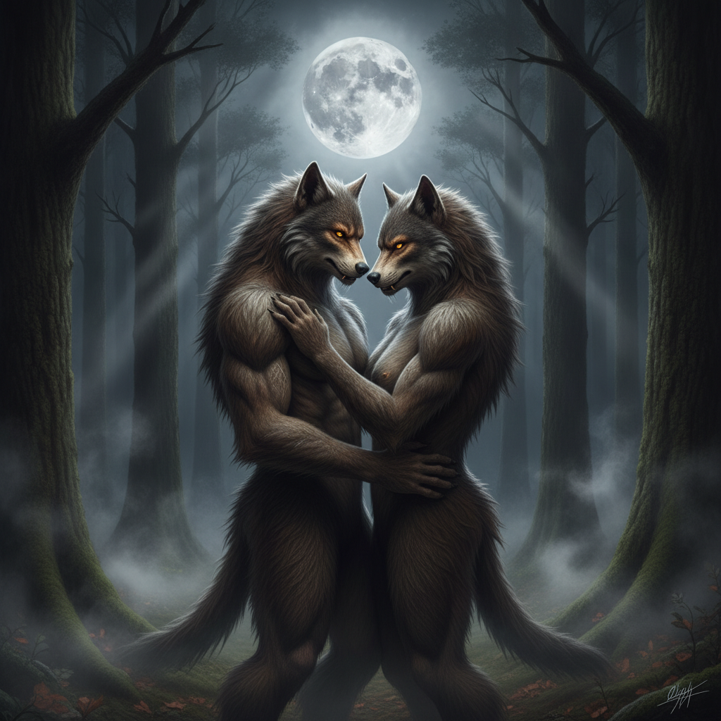 AI werewolf generator result showing a couple turned into two matching werewolves with thick fur and glowing eyes in a moonlit forest clearing, both real faces preserved