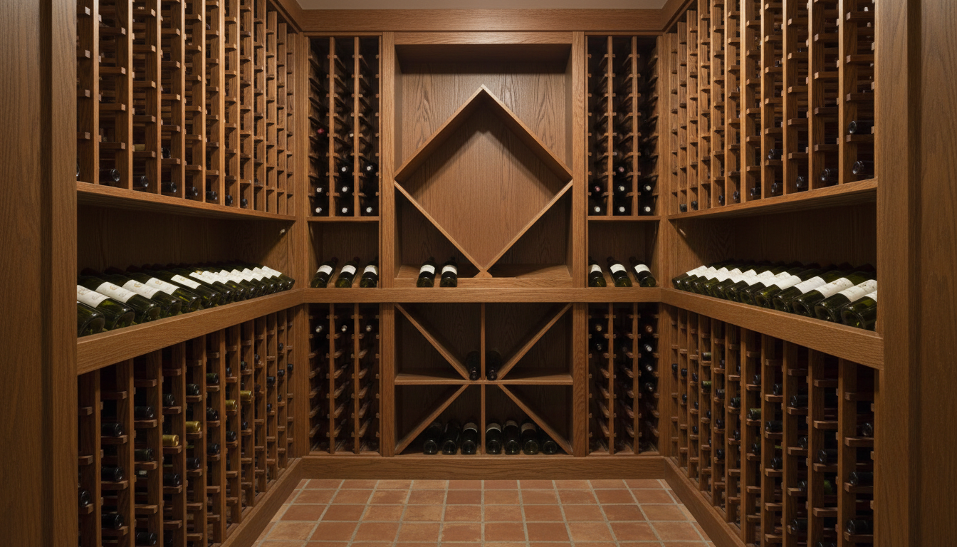 AI wine cellar design generator result: a walk in cellar with floor to ceiling stained oak individual bottle racking on both side walls, a horizontal display row at waist height, a diamond bin in the centre of the back wall and a terracotta tile floor. Structurally this is the best behaved room this series has produced, because the racking is a carcass rather than a shelf and every cell is carried by the timber around it. What is missing is the entire reason the room exists. There is no cooling unit, no vent, no thermostat, no insulation reading at any reveal, and no door, so this is a sealed symmetric box with no way in and nothing to hold it at fifty five degrees. The left and right walls are near perfect mirror images, the fill asked to sit in the lower two thirds came back scattered thinly across every height, and there is no light fitting anywhere in a room that is clearly lit.