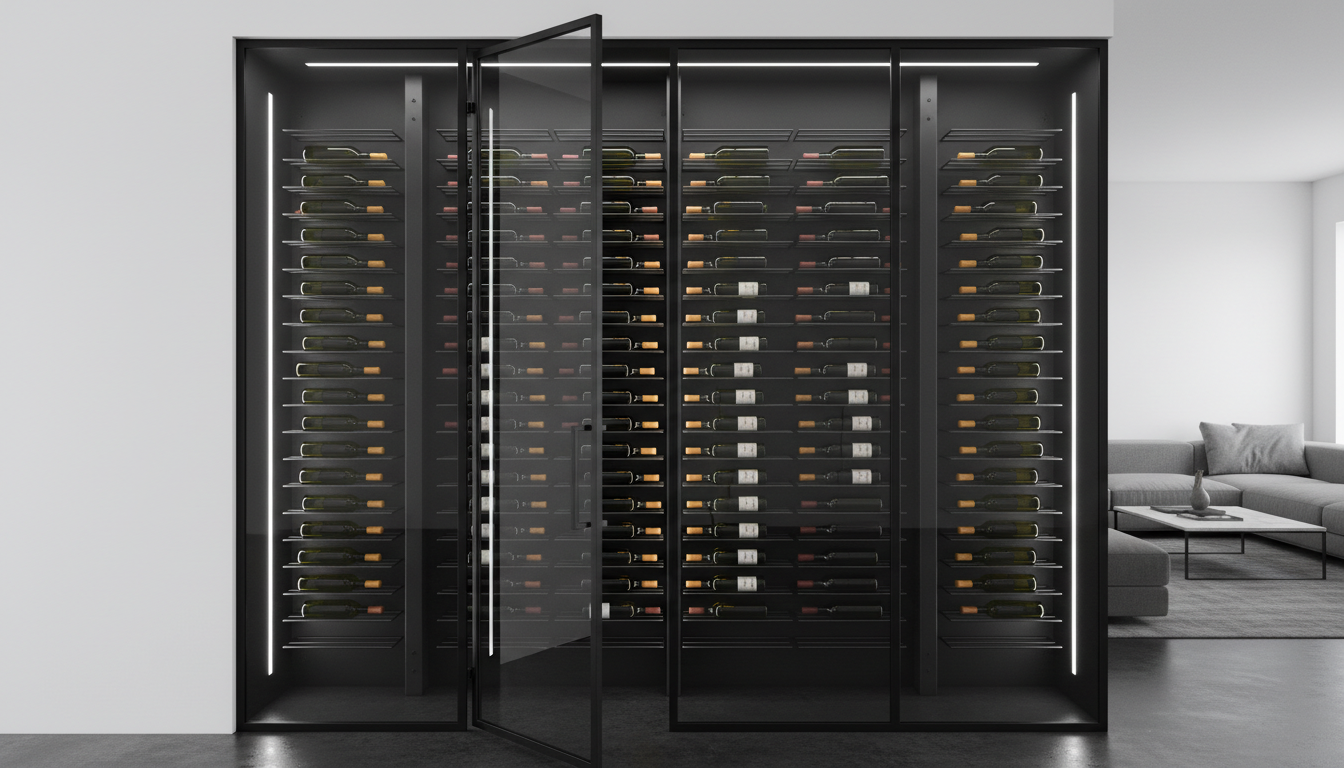 AI wine cellar design generator result: a modern glass enclosed wine wall at the end of a living space, with blackened steel peg racking holding bottles horizontally off a dark back wall, vertical LED strips at each post and a pivot glass door standing ajar. This is the most saleable frame on the page and thermally it is fiction. A thick continuous gasket was asked for around all four edges of the door and there is none, the glass was asked to read as double glazed at the open edge and it is a single pane, and the polished concrete floor runs unbroken from the sofa straight under the enclosure, so the box has no sealed envelope on any of its six faces. There is no cooling unit and no vent. The racking rows also fail to line up between the outer bays and the centre bay, which is the sort of thing that reads fine in a picture and is obvious in a room.