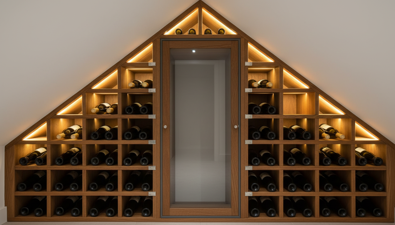 AI wine cellar design generator result: a compact cellar built into the space under a staircase, with warm LED strips lining the rake, oak cubby racking full of bottles and a frosted glass door in the middle. It is text free and the cubby carcass is properly self supporting, and it is also the wrong shape. A triangular space under a straight run of stairs was asked for, stepping down from left to right, and what arrived is a symmetric gable, a pediment that rises to a point in the centre and falls away on both sides, which is a staircase that goes up and then comes back down again. The door carries a round knob on the left stile and a second round knob on the right stile at the same height. The insulated wall lining asked for at the reveal never appears, so a heated hallway is separated from the wine by one sheet of frosted glass.