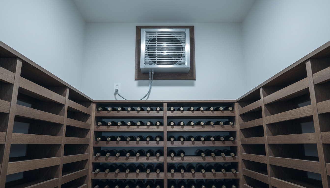 AI wine cellar design generator result: a cellar photographed from a low angle looking up at the back wall, with a through the wall cooling unit mounted high above six rows of individual bottle racking and a duplex receptacle on the plain painted wall. This is the one frame that was told to make the machinery the subject and it is worth studying for what it substituted. The unit it drew is a through wall extractor fan with a visible propeller and hub spinning behind a louvered grille, which is a hole to the outside air, and a hole to the outside air is the exact opposite of what a cellar needs. The insulated condensate line asked to run down to the floor loops out of the unit, arcs left and stops in mid air attached to nothing, and the power cord and the receptacle never meet. The side walls carry deep empty flat shelves that no bottle would sit on.