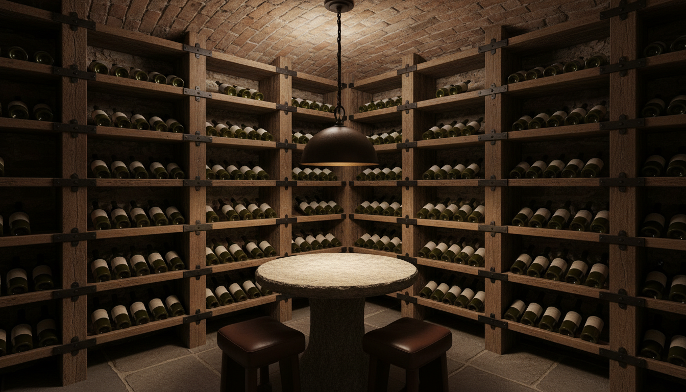 AI wine cellar design generator result: a tasting corner with a round stone topped table and two low leather stools under a chained pendant, surrounded by heavy timber racking on brick and stone walls with a barrel vault ceiling and a flagstone floor. This frame does something no room in this series has managed before, which is draw the bracket. Every rail meets a post and every junction carries a dark iron strap plate that is visibly bolted through, consistently, all the way round the room. The failures are elsewhere. There is no door again, no cooling unit and no vent, the walls are once more mirrored left to right, and the two stools are so low against so tall a table that the seat sits at the level of the table pedestal, which is furniture nobody could drink at.