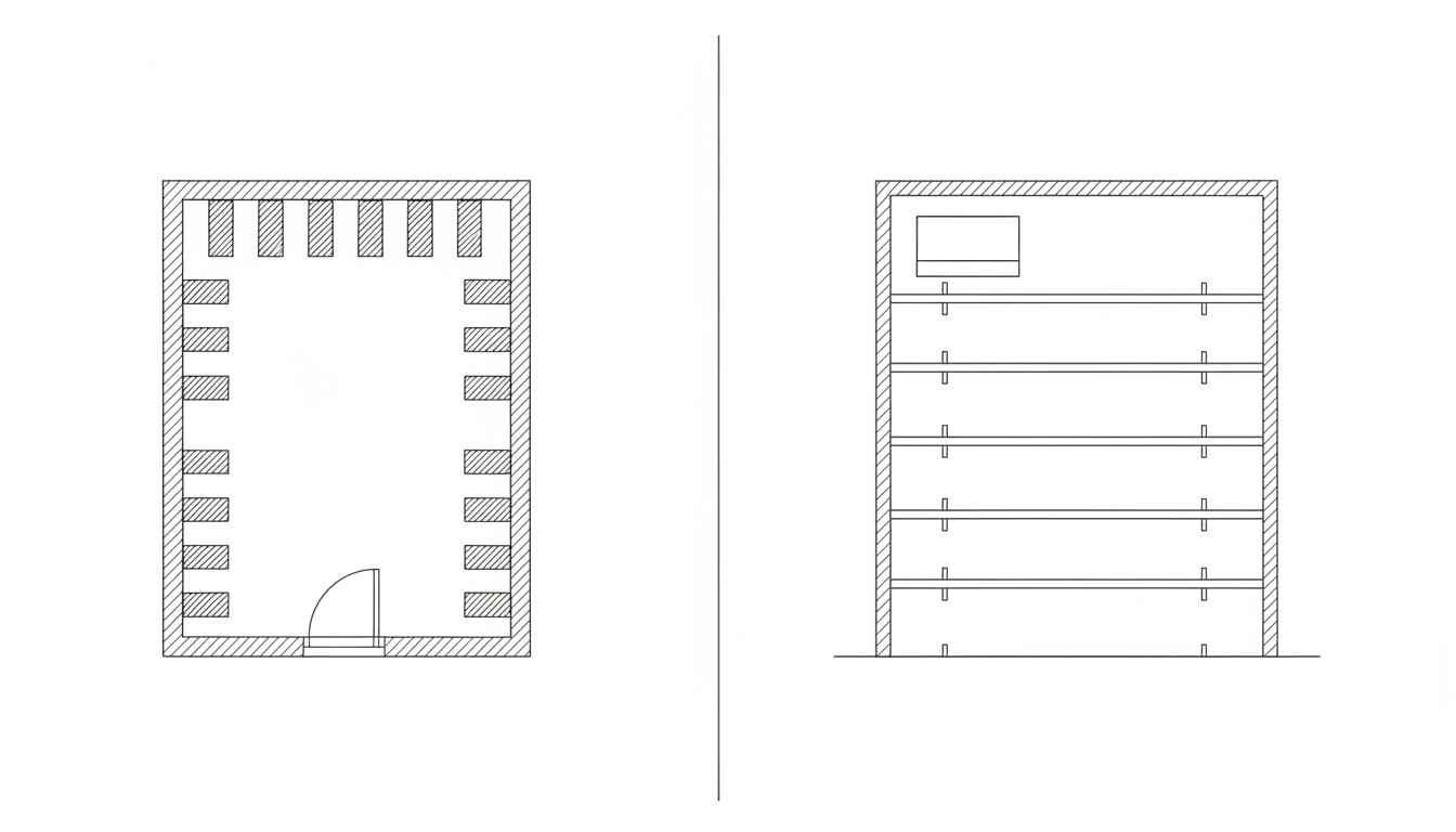 AI wine cellar design generator result: a flat black line drawing with a cellar floor plan on the left and a racking section on the right, walls hatched to show insulation thickness, a cooling unit shown as a rectangle high on the wall and five shelf runs spanning wall to wall. This is the first plan in four pages of this series to draw the door swing as a genuine open arc instead of quietly closing it into a full circle, and it is also the first to return the number of shelves it was asked for. Both fixes came from naming the failure in the negative rather than describing the goal. Two faults survive. The support ticks sit above each shelf line instead of underneath it, which is the same error logged on the previous page, and the ground line still runs on past the wall it was told to stop at. In plan the racking is drawn as separated blocks with gaps as wide as the racks.