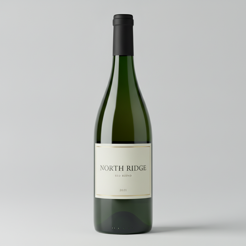 AI wine label generator result: a dark green bottle on a pale grey studio backdrop carrying a minimal cream label — a thin gold hairline frame, NORTH RIDGE in widely spaced serif capitals, RED BLEND beneath it and the year 2021 at the foot. Every character is spelled correctly, which is the safe end of what this model does with type: short common words, all capitals, one four-digit year, nothing crowded. Two things are not what was asked for. The prompt specified a Bordeaux bottle — high square shoulders, straight sides — and what arrived is a Burgundy, with the shoulder sloping away from the neck, and that matters more than it sounds because the two shapes take different label widths and a Bordeaux front label will crease if you wrap it onto a Burgundy curve. The label also sits too low, down where the body starts turning into the base, rather than centred on the straight cylindrical section where a real front label is applied. And note what is absent from a bottle that looks finished: no alcohol content, no net contents, no bottler line and no Government Warning